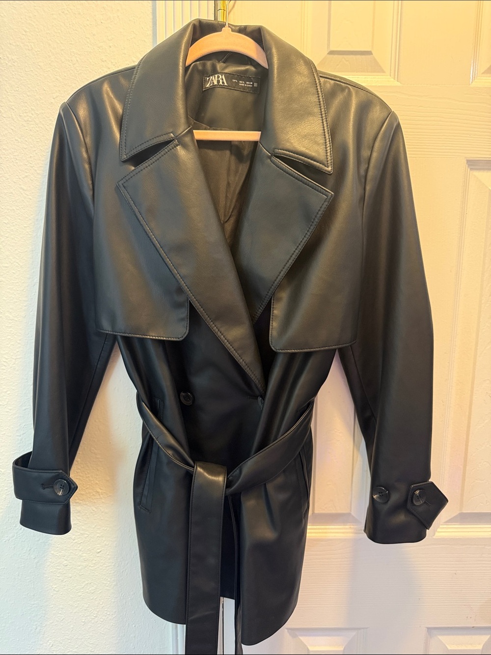 ZARA Black Faux Leather Trench with Belted Waist